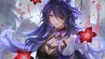  1girl acheron_(honkai:_star_rail) black_choker breasts choker cleavage commentary flower hair_over_one_eye halterneck highres honkai:_star_rail honkai_(series) large_breasts long_hair looking_at_viewer purple_eyes purple_hair red_flower solo upper_body very_long_hair zieru 