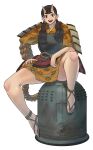  1girl arm_wrap armor bell chipped_tooth commentary dungeon_meshi english_commentary full_body highres horns inutade japanese_armor japanese_clothes kimono knee_up long_hair looking_at_viewer low_twintails oni open_mouth parody print_kimono red_eyes rope sakamoto_kengo sekiro:_shadows_die_twice short_kimono shoulder_armor simple_background sitting smile sode solo taro_trooper teeth thick_thighs thighs twintails upper_teeth_only waraji white_background yellow_kimono 
