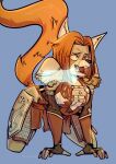 ahegao all_fours anthro armor azik big_breasts bodily_fluids breasts canid canine clothing cum cum_on_breasts cum_on_face duo female front_view gauntlets genital_fluids ginger_tail gloves grey_eyes hair handwear hi_res looking_pleasured mammal open_mouth orange_hair red_tongue saliva saliva_on_tongue short_hair shoulder_pads solo tail tan_body tan_skin teeth tongue tongue_out