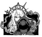  1girl 1other arknights commentary doctor_(arknights) gloves greyscale half-closed_eyes hand_on_another&#039;s_shoulder high_collar highres hood hooded_jacket jacket long_hair looking_at_viewer mask monochrome phoenix_crown profile sanada_ima skadi_(arknights) skadi_the_corrupting_heart_(arknights) skadi_the_corrupting_heart_(sublimation)_(arknights) smile upper_body 