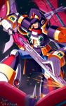  armor battle black_armor black_helmet chest_jewel clenched_teeth forehead_jewel highres holding holding_sword holding_weapon mega_man_(series) mega_man_x_(series) partially_shaded_face serious shoulder_armor signas_(mega_man) sparks sword teeth twitter_username weapon xenon_(xenonb) 