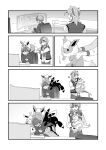  1boy 1girl animal animal_on_head animal_on_shoulder arven_(pokemon) blush chair character_request check_character clinging cup desk flareon glasses greyscale hair_over_one_eye holding holding_animal hood hood_down hoodie jitome jolteon laughing leafeon long_sleeves medium_hair mojo_sn monitor monochrome multicolored_hair musical_note office_chair on_head one_eye_covered outstretched_arms penis penny_(pokemon) poke_ball_print pokemon pokemon_sv print_shirt shirt short_hair sitting streaked_hair surrounded_by_penises swivel_chair sylveon two-tone_hair umbreon vaporeon vest 