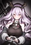  1girl absurdres arknights arrow_(projectile) black_hairband blush breasts hairband heart heart_hands highres horns jacket large_breasts long_hair purple_eyes purple_hair quiver seorang typhon_(arknights) 