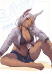  1girl ;p abs absurdres animal_ears barefoot bikini bikini_under_shorts black_bikini blue_shorts boku_no_hero_academia breasts cleavage collarbone commentary crescent cropped_jacket dark-skinned_female dark_skin earclip earrings english_commentary feet gem grey_jacket head_tilt highres jacket jewelry knee_up large_breasts long_eyelashes long_hair looking_at_viewer mirko mixed-language_commentary navel one_eye_closed open_fly parted_bangs rabbit_ears rabbit_girl red_eyes red_gemstone shorts sitting solo sora_raion spanish_commentary stomach swimsuit thighs toes toned tongue tongue_out twitter_username white_hair 
