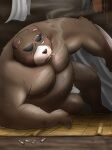  2022 absurd_res anthro asian_clothing belly big_belly black_nose blush brown_body clothing east_asian_clothing fundoshi hi_res humanoid_hands inunodaidokoro japanese_clothing kemono male mammal mature_male moobs nipples one_eye_closed overweight overweight_male scar smoking solo underwear ursid white_clothing white_fundoshi white_underwear 