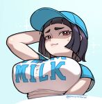  1girl arm_behind_head baseball_cap black_hair blue_background blue_hat blunt_ends breasts brown_hair commission english_commentary from_below hair_behind_ear hat large_breasts looking_to_the_side meen mega_milk nervous original shaded_face shirt short_bangs short_hair smile solo sparkle sweatdrop white_shirt 