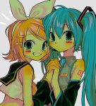  2girls blue_eyes blue_hair blush blush_stickers bow bow_hairband collared_shirt commentary crop_top detached_sleeves fang grin hair_bow hair_ornament hairband hairclip hatsune_miku headset highres holding_hands kagamine_rin long_hair long_sleeves looking_at_viewer menma_(enaic31) midriff multiple_girls nail_polish necktie sailor_collar shirt short_hair sleeveless sleeveless_shirt smile symbol-only_commentary twintails very_long_hair vocaloid 