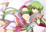  1girl :d blush c.c. code_geass green_hair hand_fan holding holding_fan japanese_clothes kaname_aomame kimono long_hair looking_at_viewer obi paper_fan pink_nails sash smile solo thighhighs white_thighhighs yellow_eyes 