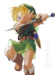  1boy belt blonde_hair blue_eyes boots brown_footwear child dagger fighting_stance full_body hat highres holding holding_weapon knee_boots knife left-handed link looking_at_viewer male_focus olxexlo pointy_ears sheath simple_background solo standing the_legend_of_zelda the_legend_of_zelda:_ocarina_of_time weapon white_background young_link 