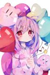  1girl antennae balloon bangs blush collared_shirt highres holding holding_balloon kirby kirby_(series) long_sleeves musical_note purple_hair red_eyes shirt smile snail_girl snail_shell snailchan snails_house soresaki star_(symbol) 