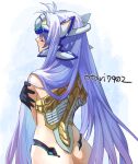  1girl android artist_name ass black_gloves butt_crack closed_eyes from_behind gloves headgear indesign kos-mos kos-mos_ver._4 long_hair nude purple_hair robot_girl simple_background solo upper_body very_long_hair white_background xenosaga xenosaga_episode_iii 