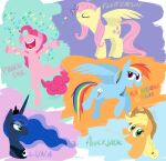 2013 abstract_background applejack_(mlp) arthropod blonde_hair blue_body blue_fur blue_hair butterfly character_name clothing confetti cowboy_hat crown cutie_mark digital_drawing_(artwork) digital_media_(artwork) earth_pony english_text equid equine eyelashes feet female female_feral feral fluttershy_(mlp) freckles friendship_is_magic fur graystripe64 green_eyes group hair happy hasbro hat headgear headwear hi_res hooves horn horse insect jewelry lepidopteran lineless mammal mane multicolored_hair my_little_pony mythological_creature mythological_equine mythology necklace on_hind_legs orange_body orange_fur pegasus pink_body pink_fur pink_hair pinkie_pie_(mlp) pony princess_luna_(mlp) quadruped rainbow_dash_(mlp) rainbow_hair red_eyes semi-anthro smile tail text unicorn wings yellow_body yellow_fur