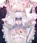  1girl 3others alternate_costume apron blood blood_on_clothes blood_on_face collarbone commentary_request dress fire_emblem fire_emblem:_three_houses flower hair_flower hair_ornament ice_ice_mint long_hair lysithea_von_ordelia maid maid_apron multiple_others open_mouth red_eyes skeleton skull suit tears white_dress white_flower white_hair 