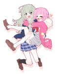  2girls black_jacket black_socks blush carrying carrying_person closed_eyes green_hair grey_skirt heart jacket kamiyama_high_school_uniform_(project_sekai) kusanagi_nene long_hair miyamasuzaka_girls&#039;_academy_school_uniform multiple_girls ootori_emu open_clothes open_jacket pink_hair pink_jacket pleated_skirt princess_carry project_sekai purple_eyes school_uniform skirt socks sweat sweatdrop t_(ax27) uniform white_socks yuri 