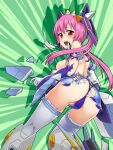  1girl ai_yori_akashi ass bare_back bare_shoulders blush breasts cosmic_break cosmic_break_2 defeat headgear highres leg_armor leotard looking_at_viewer looking_back medium_breasts open_mouth phillim pink_hair red_eyes scared teeth thighhighs torn_clothes twintails upper_teeth_only white_thighhighs 