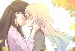  2girls black_hair black_shirt blonde_hair blue_eyes blue_hair blurry blush closed_mouth colored_tips commentary couple depth_of_field eye_contact falling_petals fang floating_hair fujishima_megumi glasses gradient_hair hand_on_another&#039;s_cheek hand_on_another&#039;s_face highres imminent_kiss link!_like!_love_live! long_hair looking_at_another love_live! mira-cra_park! multicolored_hair multiple_girls osawa_rurino petals pink_shirt purple_eyes risai shirt skin_fang upper_body variant_set yuri 