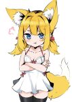  1girl animal_ear_fluff animal_ears annoyed black_thighhighs blonde_hair blue_eyes blush_stickers breasts cleavage crossed_arms dress fox_ears fox_girl fox_tail highres long_hair looking_at_viewer nasumikan_(nodoame241) original pout ribbon short_dress solo sundress tail thighhighs thighs twintails white_dress 