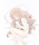  1girl aoba_kokona breasts commentary_request completely_nude daihi_(sqz306) fetal_position flower grey_hair hair_flower hair_ornament long_hair lying nude on_side pillow sketch sleeping small_breasts solo yama_no_susume 