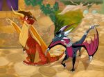 2015 activision aged_up australian claws clothing cynder dated digital_media_(artwork) dragon duo female feral flame_(spyro) gradient_background hat headgear headwear horn jewelry male multi_horn mythological_creature mythological_scalie mythology necklace pathway scalie simple_background spyro_the_dragon tail teeth the_legend_of_spyro thiscrispykat wings