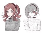  2girls blush_stickers brown_hair cropped_torso grey_eyes grey_hair hair_over_one_eye headphones jewelry long_hair maco22 multiple_girls necklace open_mouth original red_eyes short_hair smile sweater twintails 