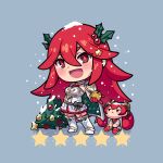  2girls :d apple armor blue_background boots chibi chibi_only christmas_tree cordelia_(fire_emblem) cordelia_(winter)_(fire_emblem) dress english_commentary fire_emblem fire_emblem_awakening fire_emblem_fates fire_emblem_heroes food fruit golden_apple hair_between_eyes hair_ornament holding holding_food holding_fruit kaijuicery long_hair looking_at_viewer mother_and_daughter multiple_girls open_mouth red_dress red_eyes red_hair selena_(fire_emblem_fates) selena_(winter)_(fire_emblem_fates) shoulder_armor sleeveless smile snow star_(symbol) thigh_boots twintails twitter_username very_long_hair 