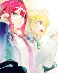  2girls :o :t absurdres ahoge artoria_caster_(fate) artoria_pendragon_(fate) baobhan_sith_(fate) blazer blonde_hair candy closed_mouth eating fate/grand_order fate_(series) food green_eyes grey_eyes hand_in_another&#039;s_hair hand_up hands_up highres holding holding_food iris_(tb33064667) jacket lollipop long_hair long_sleeves looking_at_viewer multiple_girls nail_polish necktie open_clothes open_jacket open_mouth pink_hair pink_nails pointy_ears red_necktie school_uniform shirt sidelocks upper_body white_shirt 
