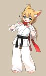  1girl ahoge animal_ear_fluff animal_ears bandaged_hand bandages barefoot belt black_belt blonde_hair commentary_request dougi eyelashes full_body green_eyes grey_background kuma-bound long_hair martial_arts_belt musical_note open_mouth original pants red_scarf scarf simple_background solo standing toes white_pants 