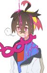  1boy ? @_@ absurdres black_hair blush crossed_bangs hair_between_eyes hairband highres honyaru_(nanairo39) jacket kieran_(pokemon) long_sleeves male_focus mole mole_on_neck multicolored_hair off_shoulder open_clothes open_jacket pink_eyes pokemon pokemon_sv red_hair shirt simple_background slime_(substance) solo spoken_question_mark sweat upper_body white_background white_jacket 