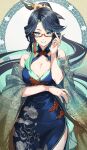  1girl alternate_costume aqua_eyes aqua_lips black_hair breasts china_dress chinese_clothes chinese_hairpin cleavage colored_inner_hair dress earrings genshin_impact glasses green_hair hair_ornament highres itsumono_katze jewelry large_breasts long_hair looking_at_viewer multicolored_hair red-framed_eyewear semi-rimless_eyewear smile solo tassel two-tone_hair xianyun_(genshin_impact) 