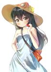  1girl absurdres arm_behind_back bag bangs bare_shoulders black_hair blush closed_mouth commentary_request cowboy_shot dress eyewear_on_headwear flower frown hair_between_eyes hat hat_flower highres holding holding_poke_ball long_hair looking_at_viewer orange_eyewear orodji_(shinorozi) poke_ball pokemon pokemon_(game) pokemon_sm red_bag shoulder_bag sightseer_(pokemon) simple_background solo standing sun_hat sundress white_background white_dress 