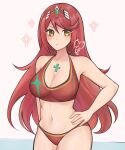  1girl breasts cosplay cropped_legs gem green_gemstone headpiece highres large_breasts long_hair looking_at_viewer mythra_(xenoblade) navel purrlucii pyra_(xenoblade) pyra_(xenoblade)_(cosplay) red_hair simple_background standing standing_on_liquid swimsuit tiara v-shaped_eyebrows white_background xenoblade_chronicles_(series) xenoblade_chronicles_2 yellow_eyes 