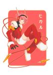  1girl angelic_layer bodysuit border cable floating full_body gloves headset highres hikaru_(angelic_layer) huisang0000 looking_at_viewer parted_lips pink_hair red_bodysuit red_eyes red_gloves red_thighhighs short_hair solo thighhighs translation_request white_border 