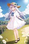  1girl blue_eyes blush bow bowtie commission day daysss dress flower grey_hair hat highres long_hair looking_at_viewer mary_janes original outdoors sailor_collar sailor_dress shoes skeb_commission skirt_hold sky smile solo straw_hat sun_hat very_long_hair 