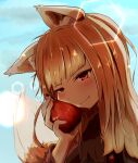  1girl animal_ears apple blush brown_hair choko_bike closed_mouth fang food fruit head_rest highres holding holding_food holding_fruit holo lens_flare long_hair long_sleeves portrait red_eyes solo spice_and_wolf tail wolf_ears wolf_girl wolf_tail 