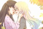  2girls black_hair black_shirt blonde_hair blue_eyes blue_hair blurry blush colored_tips commentary couple depth_of_field eye_contact falling_petals fang floating_hair fujishima_megumi glasses gradient_hair hand_on_another&#039;s_cheek hand_on_another&#039;s_face highres imminent_kiss link!_like!_love_live! long_hair looking_at_another love_live! mira-cra_park! multicolored_hair multiple_girls open_mouth osawa_rurino petals pink_shirt purple_eyes risai shirt skin_fang teeth upper_body upper_teeth_only variant_set yuri 