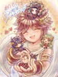  2boys 3girls ahoge angel angel_wings anniversary black_hair blonde_hair brown_hair collarbone dark_pit diadem flower forehead_jewel green_hair hair_flower hair_ornament heart highres kid_icarus kid_icarus_uprising laurel_crown medusa_(kid_icarus) mini_person multiple_boys multiple_girls on_head palutena pit_(kid_icarus) ponytail purple_eyes smile snake_hair sparkle suruga_kanade viridi wings 