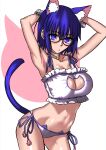  1girl absurdres alternate_costume animal_ear_fluff animal_ears armpits arms_behind_head bell black-framed_eyewear blue_eyes blue_hair blush bra breasts cat_cutout cat_ear_panties cat_ears cat_lingerie cat_tail ciel_(tsukihime) cleavage_cutout clothing_cutout collarbone commentary english_commentary frilled_bra frills fukou glasses hair_between_eyes highres jingle_bell kemonomimi_mode large_breasts lingerie looking_at_viewer meme_attire neck_bell panties short_hair side-tie_panties solo stomach tail tsukihime underwear white_bra white_panties 