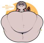 absurd_res anthro belly belly_focus belly_tuft big_belly bloated bubble_emanata buckteeth candy chest_tuft chocolate chocolate_egg deep_navel dessert dialogue digital_media_(artwork) disney egg emanata english_text female floppy_ears food grey_body hi_res huge_belly hyper hyper_belly judy_hopps lagomorph leporid lidded_eyes looking_pleasured lop_ears mammal morbidly_obese morbidly_obese_anthro navel obese obese_anthro overweight overweight_anthro rabbit solo spaghettiz stuffing talking_to_self teeth text tuft zootopia