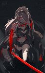  acheron_(honkai:_star_rail) bare_shoulders belt black_bra black_choker black_shorts blood blood_from_eyes bra breasts choker cleavage flower hair_over_eyes highres holding holding_sword holding_weapon honkai:_star_rail honkai_(series) katana leg_tattoo navel one_eye_covered ragnarathered red_eyes red_flower ripples shorts sword tattoo thighs underwear wading water weapon white_hair 