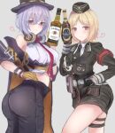  2girls absurdres alcohol blonde_hair breasts commission girls&#039;_frontline hat highres large_breasts looking_at_viewer martinreaction military military_hat military_uniform mp40_(girls&#039;_frontline) multiple_girls purple_hair thompson_(girls&#039;_frontline) uniform 