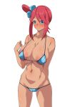  1girl areola_slip areolae bangs bikini blue_bikini blue_eyes blush breasts covered_nipples hair_ornament hand_up large_breasts looking_at_viewer micro_bikini nanashi_maru navel one_side_up pokemon pokemon_(game) pokemon_bw red_hair short_hair sidelocks simple_background skyla_(pokemon) solo standing swimsuit white_background 