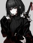  1girl absurdres black_coat black_hair blood blood_on_clothes blood_on_face chuhaibane cigarette coat grey_background highres katana limbus_company project_moon red_eyes ryoshu_(project_moon) sheath sheathed simple_background smoke smoking solo sword weapon 