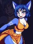 2024 absurd_res anthro aquakey blowup_background blue_body blue_ears blue_eyes blue_fur blue_hair blush bottomwear bra breasts canid canine clothed clothing digital_drawing_(artwork) digital_media_(artwork) fangs female fox fur gold_(metal) gold_jewelry gradient_background hair hi_res inner_ear_fluff jewelry krystal_(star_fox) looking_at_viewer mammal markings multicolored_body multicolored_ears multicolored_fur nintendo open_mouth signature simple_background solo star_fox tattoo teeth text topwear tuft underwear white_body white_fur white_inner_ear white_markings white_tattoo