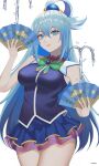  1girl aqua_(konosuba) artist_name bare_arms blue_eyes blue_hair blue_shirt blue_skirt bow bowtie breasts closed_mouth cowboy_shot green_bow green_bowtie hair_ornament hand_fan highres kono_subarashii_sekai_ni_shukufuku_wo! lips long_hair looking_at_viewer magic medium_breasts microskirt no_panties pleated_skirt ryumikooo shirt simple_background single_hair_ring skirt sleeveless sleeveless_shirt solo thighs very_long_hair water white_background 