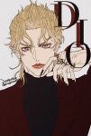  1boy black_nails black_shirt blonde_hair character_name dio_brando ear_piercing earrings eyeshadow film_grain fingernails formal gold_earrings hagiko15 highres jewelry jojo_no_kimyou_na_bouken looking_at_viewer makeup male_focus nail_polish ornate_ring piercing red_eyes red_eyeshadow red_suit ring sharp_fingernails shirt short_hair signature simple_background solo stardust_crusaders suit twitter_username upper_body white_background 