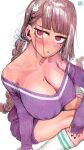  1girl :d bare_shoulders black-naped_oriole blush braid breasts brown_hair cleavage covered_nipples dress hair_ornament highres kneehighs large_breasts long_hair looking_at_viewer mole mole_on_breast mole_under_eye original pink_fehe_rin purple_dress red_eyes simple_background sleeves_past_wrists smile socks solo twin_braids very_long_hair white_background white_socks 
