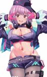  1girl :d absurdres bare_shoulders belt blush breasts chain cleavage cleavage_cutout clothing_cutout commentary cowboy_shot crop_top cropped_jacket gloves gridman_universe gridman_universe_(film) groin hair_between_eyes half_gloves headphones headphones_around_neck highres jacket large_breasts long_sleeves looking_at_viewer midriff navel nootomo off_shoulder official_alternate_costume open_clothes open_jacket open_mouth pantyhose pink_gloves pouch purple_belt purple_hair purple_hat purple_jacket purple_shirt purple_shorts red_eyes salute shinjou_akane shirt short_hair short_shorts shorts sidelocks simple_background skindentation sleeveless sleeveless_shirt smile solo ssss.gridman standing thigh_pouch vulcan_salute white_background 