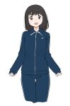  1girl alternate_costume anchor_print arms_at_sides black_hair blue_jacket blue_pants cowboy_shot fubuki_(kancolle) hair_down jacket kantai_collection medium_hair official_alternate_hairstyle pants smile solo tamu_(mad_works) thigh_gap track_jacket track_pants track_suit 