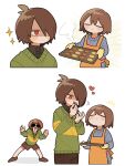  3others ahoge antenna_hair apron baking_sheet black_shirt blue_sweater brown_footwear brown_hair brown_shorts chara_(undertale) closed_mouth collared_shirt deltarune frisk_(undertale) green_sweater hair_over_one_eye highres holding holding_tray kris_(deltarune) looking_to_the_side multiple_others orange_apron red_eyes shirt shoes short_hair shorts sweater tadeno tray undertale 