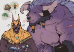 2_horns alistar_(lol) anthro anubian_jackal bovid bovine canid canine canis cattle duo facial_piercing hi_res horn jackal league_of_legends male mammal muscular muscular_anthro muscular_male na1su nasus_(lol) nipples nose_piercing nose_ring piercing ring_piercing riot_games scar size_difference